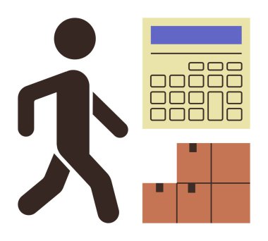 Hesap makinesinin yanında yürüyen siluet hesap, nakliye, teslimat, planlama, perakende, depo ve basit düz metaforu vurgulayarak hesap makineleri ve istiflenmiş kutular.
