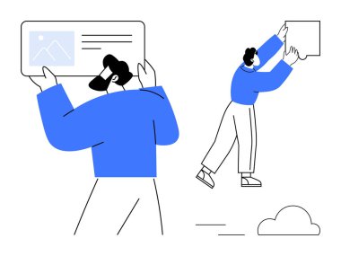 Yaratıcı işbirliği konsepti. Karakterleri ayarlayan ve tasarım elementlerini yerleştiren modern takım çalışması. İşbirliği, iş akışını ve yaratıcı sonuçları arttırır. Takım çalışması ve iş yeri görselleri için mükemmel.