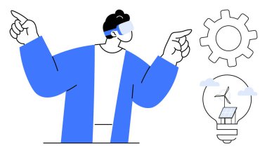 VR kulaklıklı kişi vitese, güneş paneli ve rüzgar türbinli eko ampulüne doğru hareket ediyor. Yenilik, teknoloji, sürdürülebilirlik, mühendislik, enerji, yaratıcılık, gelecek konsept için ideal