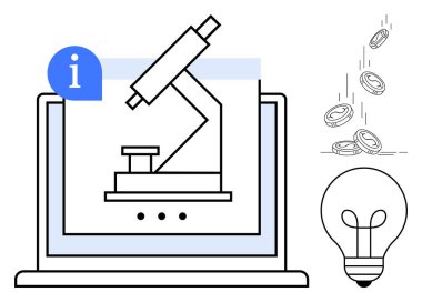 Dizüstü bilgisayarda mikroskop, bilgi sembolü, düşen paralar, ampul. Araştırma, yenilik, finans, teknoloji bilimi eğitimi yaratıcılığı için idealdir. Kusursuz düz metafor