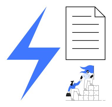 Yıldırım, belge kağıdı, bayraklarla bloklara tırmanmaya yardım eden ekip. Liderlik için ideal, takım çalışması, yenilik, güçlendirme, başarı stratejisi yaratıcılık. Basit düz metafor