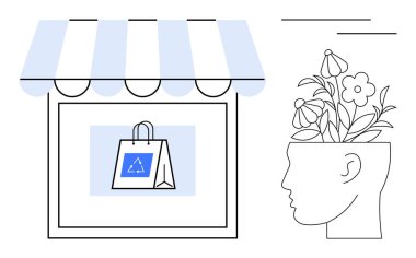 Çevre dostu alışveriş çantasının yanında geri dönüşüm sembolü ve çiçek filizlendiren insan başıyla birlikte. Sürdürülebilirlik, eko-bilinç, yaratıcılık, farkındalık, büyüme, perakende