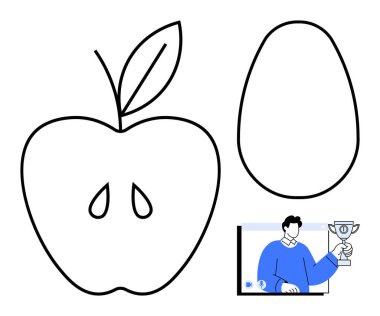 Tohumlu ve yapraklı elma şekli, oval yumurta şekli, kupa tutan kişi. Eğitim materyalleri, başarı kavramları, sağlıklı yaşam tarzı, yaratıcılık, asgari tasarım, modern grafik markalaşması için ideal