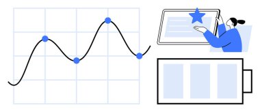 Veri noktaları olan çizgi çizelgesi, yıldız dereceli tablet üzerinde kullanıcı incelemesi, pil göstergesi. İş analizleri, kullanıcı geribildirimi, enerji izleme, teknoloji verimliliği, performans takibi için ideal