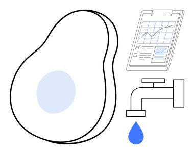 Avokado taslağı, analitik pano, damlayan musluk tarım, sürdürülebilirlik, su tasarrufu, veri analizi, kaynak yönetimi ve basit bir dairede çevre bilincini yansıtıyor
