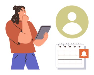 Tablet tutan düşünceli bir kadın, büyük bir kullanıcı profili simgesi, alarmlı takvim. Program, hatırlatma, verimlilik, karar verme, organizasyon dijital araçları için idealdir. Basit düz