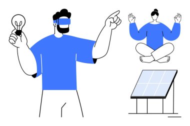Ampul tutan ve işaret eden VR kulaklık takan bir adam, çapraz bacaklı meditasyon yapan bir kadın, kürsüde güneş paneli. Yenilik, teknoloji, sürdürülebilirlik, farkındalık, gelecek vizyonu, enerji için ideal