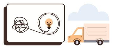 Parlak ampule giden karışık bir hat, bulutların altında giden bir teslimat kamyonu. Yenilik, lojistik, problem çözme, yaratıcılık, çözümler ve beyin fırtınası için ideal. Basit düz metafor