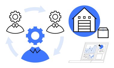 Ekip çalışması döngüsü, paketli depo ve analitik gösterge paneli lojistiği, verimliliği ve optimizasyonu vurguluyor. Arz zinciri, süreç yönetimi, verimlilik, lojistik için ideal