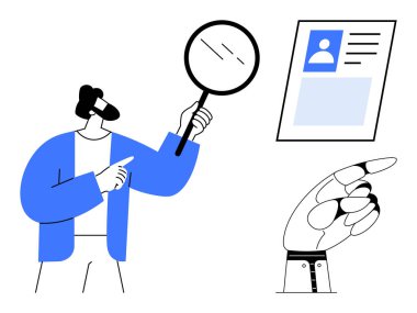 Kimlik doğrulaması. Kullanıcı profilini incelemek için büyüteç kullanan biri. Kimlik doğrulama çevrimiçi güvenliği ve veri güvenliğini arttırır. Siber güvenlik, kimlik doğrulama, biyometri için ideal