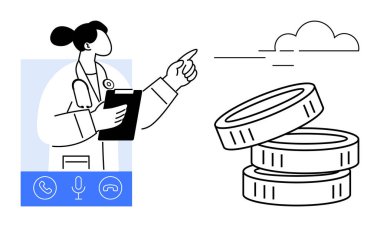 Doktor, madeni paralar ve bulut simgesi dışında sanal bir konsültasyon sırasında işaret etti. Teletıp, sağlık, finans, tasarruf, yenilik, dijital çözümler ve çevrimiçi işbirliği için ideal. Basit düz