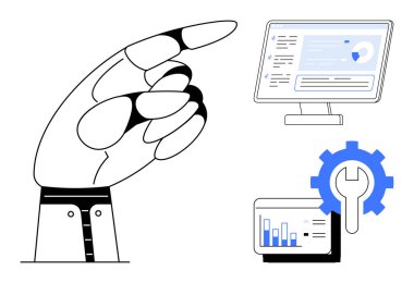 El hareketi analitik gösterge paneli, çizelgeler ve ingiliz anahtarlı dişli dişli çarkları gösteriyor. Otomasyon, veri yönetimi, teknoloji stratejisi, iş görüşleri, sistem yapılandırması, kullanıcı arayüzü için ideal