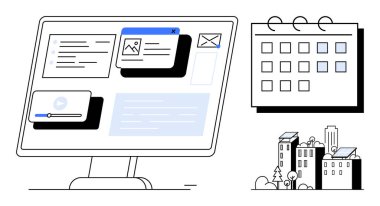 Etkileşimli pencereli masaüstü ekranı, zaman çizelgesi ve şehir manzarası için takvimi. Üretkenlik, proje yönetimi, iş, planlama, organizasyon işbirliği teknolojisi için idealdir. Basit.