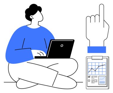 Dizüstü bilgisayarla çalışan bağdaş kurmuş biri, el kaldırılmış sinyal odağı, veri tablosu olan bir dosya. Üretkenlik, eğitim, teknoloji, analiz, iş akışı kararları için ideal. Basit.