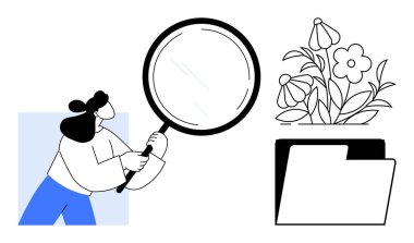 Kadın elinde çiçek ve dosya klasörüne doğru büyüteç tutuyor. Merak, araştırma, keşif, analiz, organizasyon, keşif, büyüme için idealdir. Basit bir düz metaforu temsil eder.