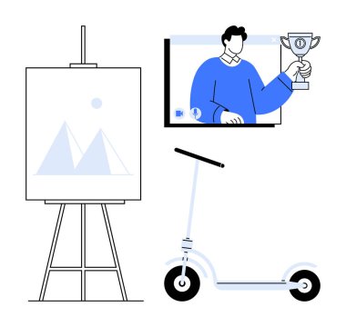 Sanat sehpası, video yarışmasında ödül sahibi ve yaratıcılığı, başarıyı, sanal iletişimi, aktif yaşam tarzını temsil eden elektrikli scooter. Tasarım, üretkenlik ve uzak çalışma için ideal