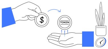 Bir el daha jeton, mavi aksan, saat ve bitki alan başka bir ele bir dolar uzatıyor. Finans, engelleme zinciri, kripto para birimi, dijital ekonomi, yatırım, ticaret için ideal