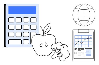 Hesap makinesi, elma, brokoli, küre ve grafiksel sağlık, beslenme ve veri odaklı planlama içeren kontrol listesi. Diyet, refah sürdürülebilirlik, küresel sağlık finansal planlaması için ideal