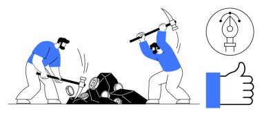 Takım çalışması konsepti. Birlikte taş madenciliği yapan işçiler ve yaratıcı süreç ikonu aracılığıyla takım çalışması. Üretkenlik, beyin fırtınası, işbirliği ve proje yönetimi için takım çalışması vakfı