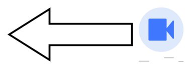 Kalın sol ok odağı bir daire içinde mavi video kamera simgesine yönlendirir. Navigasyon, medya kontrolü, yayın, kayıt, video düzenleme, oynatma, ilerleme izleme, basit düz metafor
