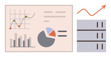 Grafikler, pasta grafiği, sunucu rafları ve yukarı doğru ok veri analizi, iş büyümesi, teknoloji ve analitiği temsil ediyor. Veriye dayalı karar verme ve iş raporları için ideal finansman stratejisi