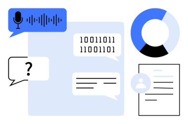 Konuşma metni, ikili kodlama, sohbet baloncukları, belge simgesi ve pasta grafiği. Teknoloji yeniliği, yapay zeka, veri işleme makinesi kodlama iletişimi ve analizi için ideal. Basit düz metafor