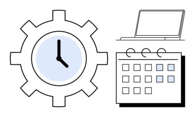 Vites, takvim ve dizüstü bilgisayar içindeki saat üretkenliği, organizasyonu ve planlamayı vurgular. Verimlilik, zamanlama, iş akışı, teslim tarihleri takım çalışması için ideal basit düz metafor