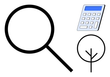 Hesap makinesi ve minimalist ağacın yanında araştırma, hesaplama ve büyümeyi simgeleyen büyük bir büyüteç. Bilim, finans, eğitim, çevre, problem çözme, veri ve mantık için ideal