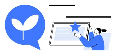 Konuşma baloncuğunun içindeki yaprak büyümeyi veya sürdürülebilirliği temsil eder. Yıldız elementini gösteren tabletle etkileşime giren kişi. Eko-teknoloji, yenilik, dijital çözümler, büyüme, sürdürülebilirlik için ideal