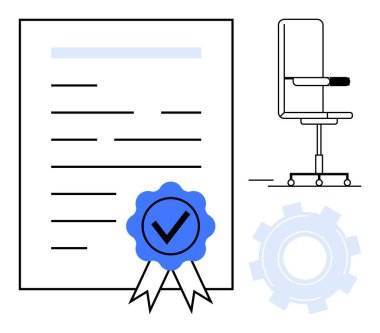 Mavi onaylı sertifika kağıdı, modern ofis koltuğu ve ışık teçhizatı sembolü. Tanınma, başarı, profesyonellik, otorite, iş akışı başarı işletmesi için ideal. Basit.