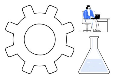 Bilim konsepti. Dişli ikonu, araştırma matarası ve dizüstü bilgisayar kullanan birey bilim odaklı süreçler, teknoloji ve yenilik taşır. Teknoloji, araştırma ve eğitim için ideal bilimsel gelişmeler