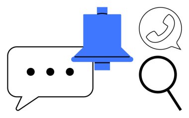 Konuşma balonu, zil ikonu, sohbet balonunda telefon görüşmesi ve büyüteç. İletişim, alarmlar, arama, mesajlaşma bağlantı bildirimleri için ideal. Basit düz metafor