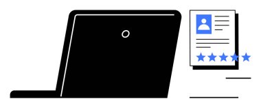 Yıldız reytinglerini içeren dizüstü bilgisayar ve kullanıcı profili belgesi, çevrimiçi değerlendirmeleri, performans değerlendirmelerini, kullanıcı geribildirimini ve dijital profilleri temsil ediyor. İtibar yönetimi, askere alma ve iş için ideal