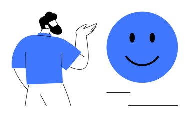 Pozitif olma kavramı. Mavi mutlu yüz pozitifliği, iletişim ve bağlantı ile etkileşim içinde olan bir insan. İyimserlik yenilikçiliği, işyeri kültürünü ve kişisel gelişimi teşvik eder. Akıl sağlığı için harika.