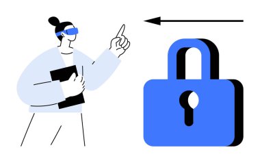 Siber güvenlik kavramı. Asma kilit sembollü bir siber güvenlik ve güvenliğe doğru hareket eden bir kişi. Siber güvenlik çevrimiçi güvenlik ve veri koruması. Teknoloji için ideal, veri gizliliği, çevrimiçi