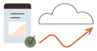 Yükselen ok eğilimli bulut, belge ve kontrol işareti. Büyüme, analitik, ilerleme, teknoloji, bulut depolama, veri içgörüsü ve başarı için ideal. Temiz, düz metafor