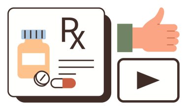 Reçete şişesi, haplar ve baş parmak ikonu ve video oynatma düğmesiyle eşleştirilmiş Rx sembolü. Sağlık, rehberlik, çevrimiçi destek, öğretim, eczane, eğitim için ideal basit düz metafor