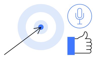 İletişim konsepti. Mikrofon sembolü ile iletişim, baş parmak işareti ve bir okun hedefi vurması. Dijital ortam, geri bildirim, ses teknolojisi, takım çalışması için iletişim