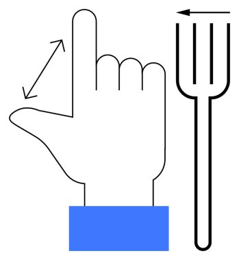 Ölçüm kavramı. Boyutsal bağlantıyı gösteren el hareketi ve yön gösteren aletler. Eğitim, öğretici, tasarım haritalama için ölçüm araçları ve semboller