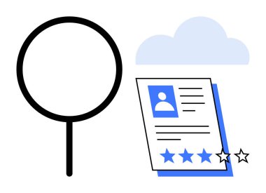 Büyüteç, bulutların altında yıldızların olduğu bir profil belgesini inceliyor. İşe alım, işe alım, değerlendirme, değerlendirme, değerlendirme, iş arama, insan kaynakları için ideal. Basit düz metafor