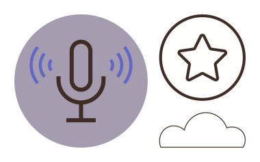 Ses dalgalı stilize mikrofon, daire içinde bir yıldız ve bir bulut çizgisi. İletişim, işbirliği, yayın, geri bildirim, özenti yaratıcılık medyası için idealdir. Basit düz metafor
