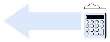 Büyük açık mavi ok, veri transferini, finansal yönetimi veya analizi sembolize eden bir bulut tasarımı ile bir hesap makinesine odaklanır. Finans, muhasebe, teknoloji ve veri işleme için ideal