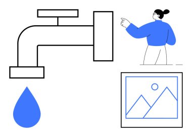 Çerçevelenmiş dağ sanatını işaret eden kadının yanında akan büyük musluk. Su tasarrufu, çevre, sanat, farkındalık, minimalizm, eğitim, sürdürülebilirlik için idealdir. Basit düz metafor