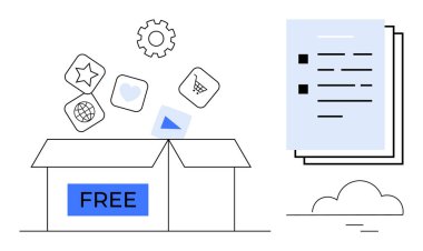 Alışveriş arabası, kalp ve katmanlı belgelerin yanında yıldız da dahil olmak üzere ücretsiz uygulama simgeleri etiketli karton kutuyu aç. Teknoloji, yazılım, e-ticaret, bulut depolama, yaratıcı araçlar için ideal