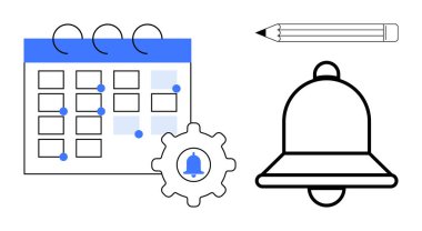 Anımsatıcılar için noktalı takvim, içinde zil olan ekipman, bildirim için büyük zil, planlama için kalem. Organizasyon, takvim, takım çalışması, verimlilik, teslim tarihi işleri için idealdir.
