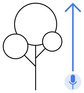 Yuvarlak düğümlü minimalist ağaç ve mikrofon simgesinin yanında yukarı doğru ok. Büyüme, ses teknolojisi, yenilik, ilerleme, bağlantı, eko-gelişim ve ses etkileşimi için idealdir. Basit.