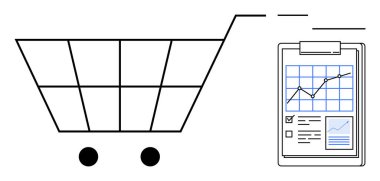 Alışveriş arabası ve veri tablosu piyasa analitiğini, performans takibini ve ticaret anlayışını gösteriyor. İş, e-ticaret, pazarlama, veri analizi, perakende, strateji için ideal