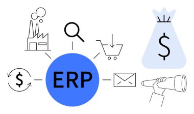 İş süreçlerini temsil eden birbiriyle bağlantılı simgelerle gösterilen ERP sistem kavramı finans, imalat, satın alma ve iletişimi destekliyor. İş, teknoloji ve finans için ideal