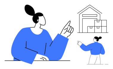 Depoya doğru el kol hareketi yapan bir kadın sevkiyat, teslimat, lojistik, envanter yönetimi, iş stratejisi, karar verme mekanizması, organizasyon önerileri içeren kutuların yanında duruyor. Basit düz metafor