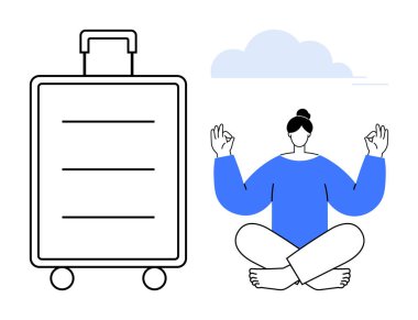 Yogadaki kadın karakter bavulun yanında, bulutların altında poz veriyor. Seyahat, farkındalık, refah, kendine dikkat, rahatlama, stres atma, zihinsel denge için idealdir. Basit düz metafor